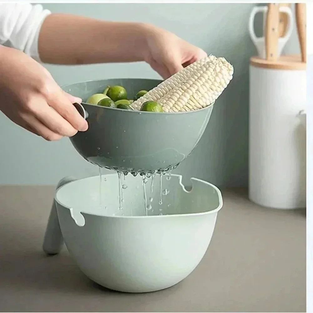 Double Layer Washing Bowl Drain Basket Single Handle Plastic Kitchenware